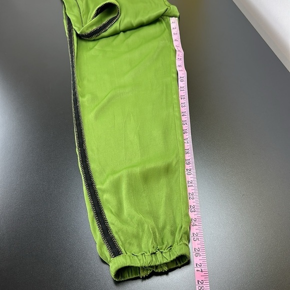 Anthropologie Deandra Green Tuxedo Satin Joggers 4 Ankle Zip Viscose High Rise - Picture 13 of 16